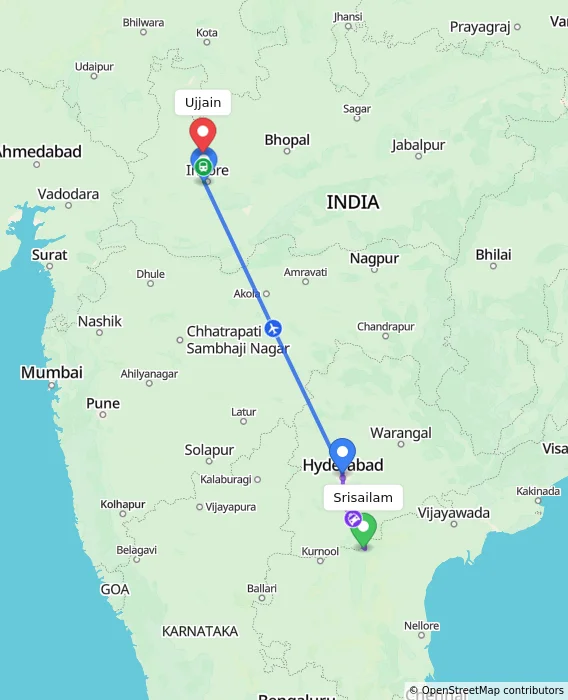 Route map showing distance and travel time from Srisailam, India to Ujjain, India