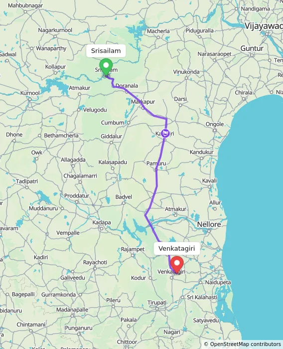Route map showing distance and travel time from Srisailam, India to Venkatagiri, India