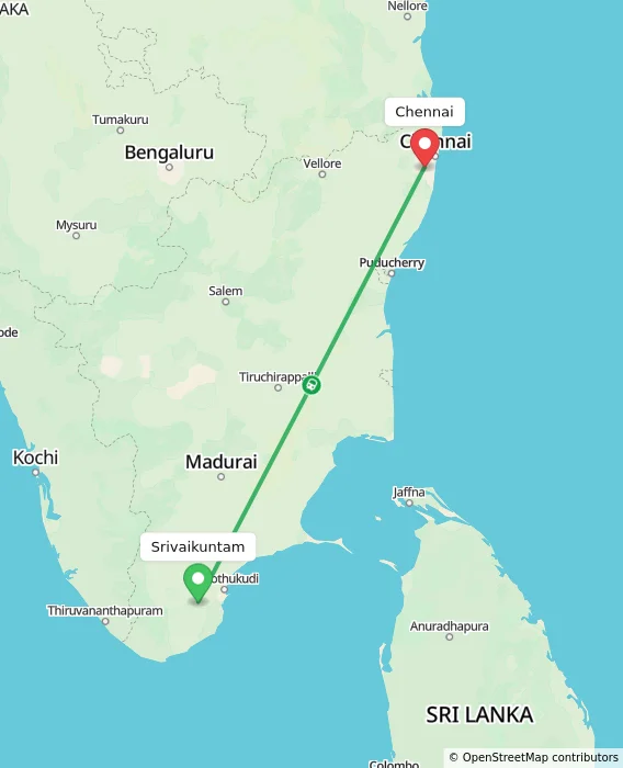 Route map showing distance and travel time from Srivaikuntam, India to Chennai, India