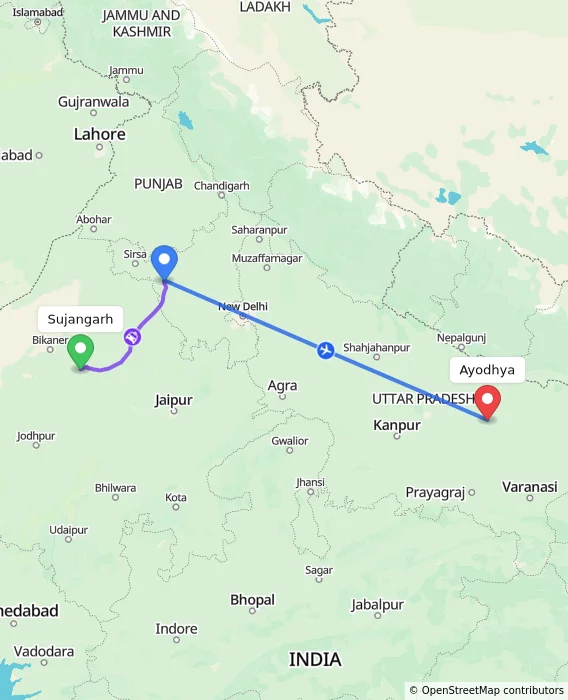 Route map showing distance and travel time from Sujangarh, India to Ayodhya, India
