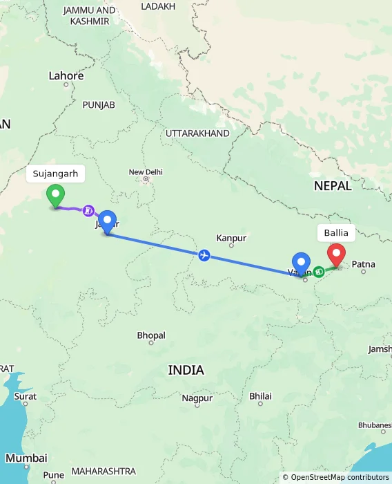 Route map showing distance and travel time from Sujangarh, India to Ballia, India