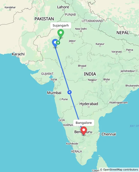 Route map showing distance and travel time from Sujangarh, India to Bangalore, India