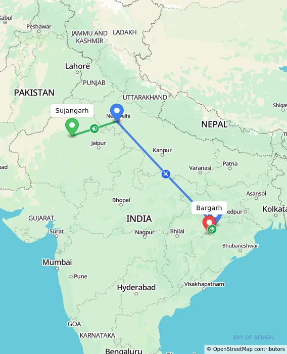 Route map showing distance and travel time from Sujangarh, India to Bargarh, India