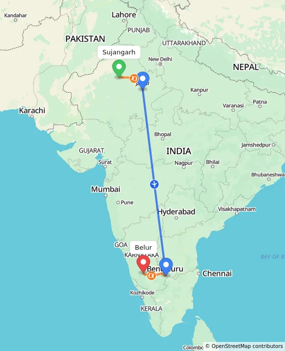 Route map showing distance and travel time from Sujangarh, India to Belur, India
