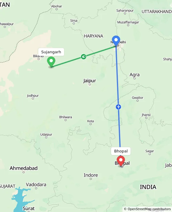 Route map showing distance and travel time from Sujangarh, India to Bhopal, India