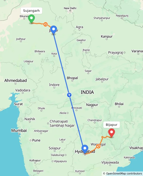 Route map showing distance and travel time from Sujangarh, India to Bijapur, India