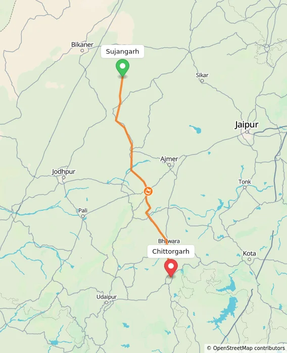 Route map showing distance and travel time from Sujangarh, India to Chittorgarh, India