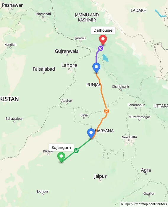 Route map showing distance and travel time from Sujangarh, India to Dalhousie, India