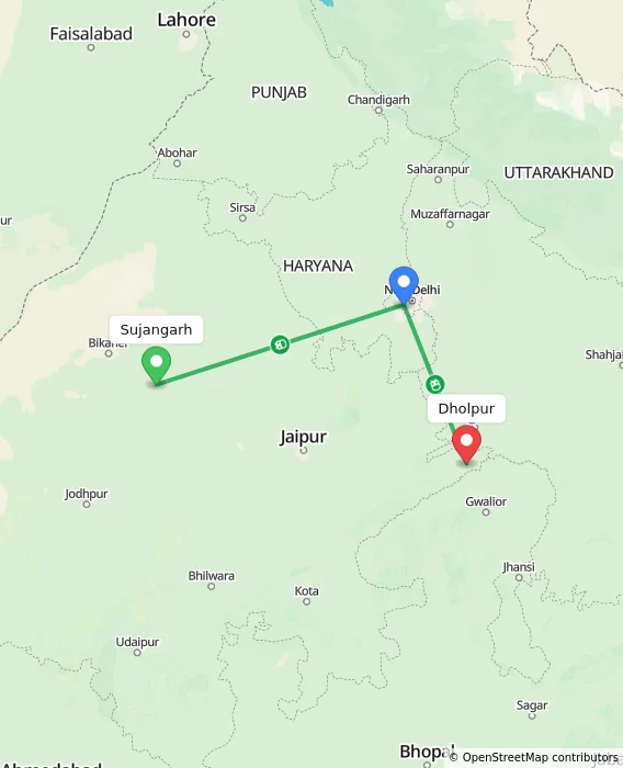 Route map showing distance and travel time from Sujangarh, India to Dholpur, India