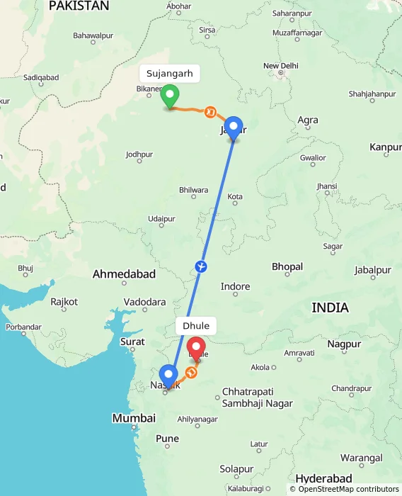Route map showing distance and travel time from Sujangarh, India to Dhule, India