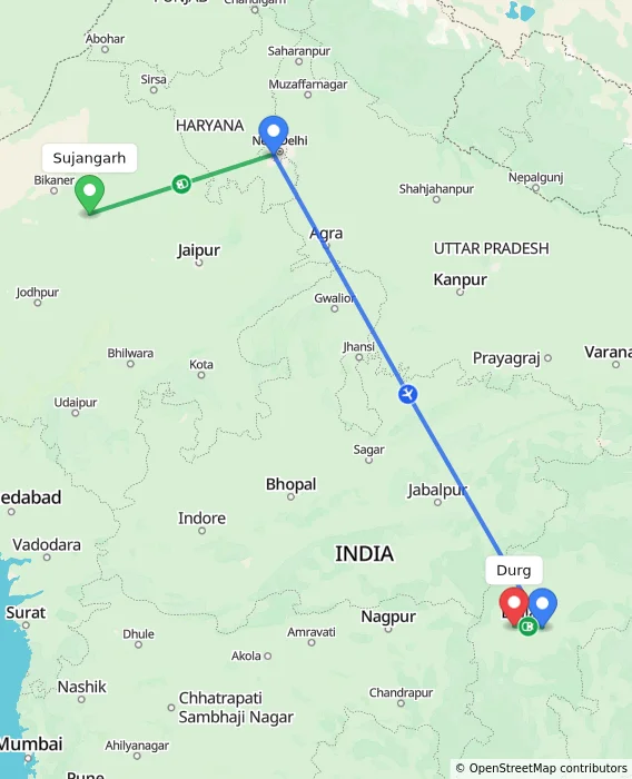 Route map showing distance and travel time from Sujangarh, India to Durg, India