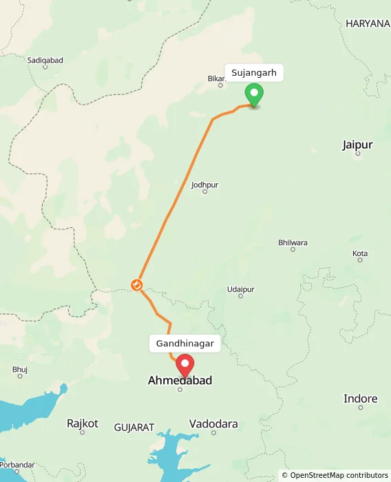 Route map showing distance and travel time from Sujangarh, India to Gandhinagar, India