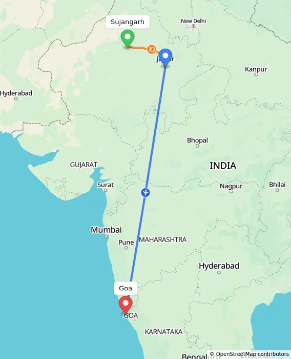 Route map showing distance and travel time from Sujangarh, India to Goa, India