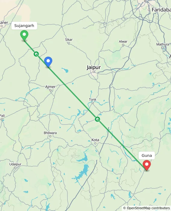 Route map showing distance and travel time from Sujangarh, India to Guna, India