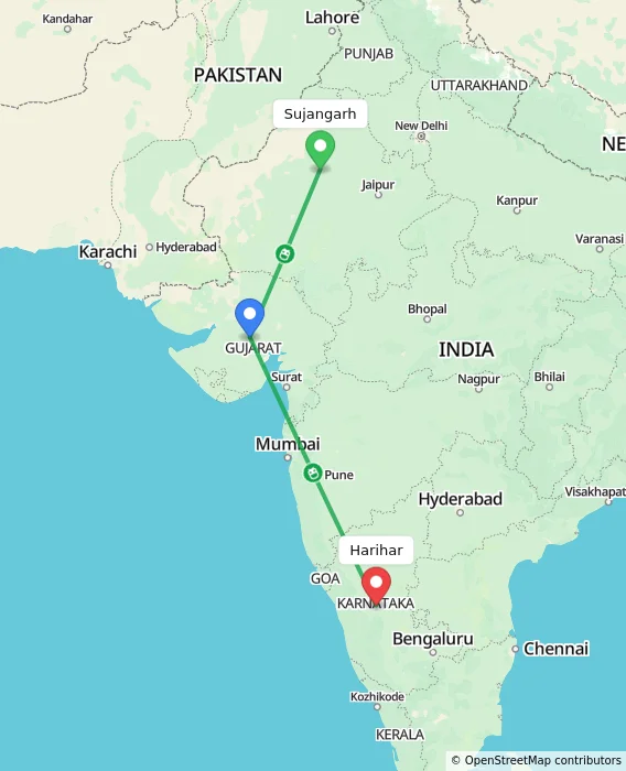Route map showing distance and travel time from Sujangarh, India to Harihar, India