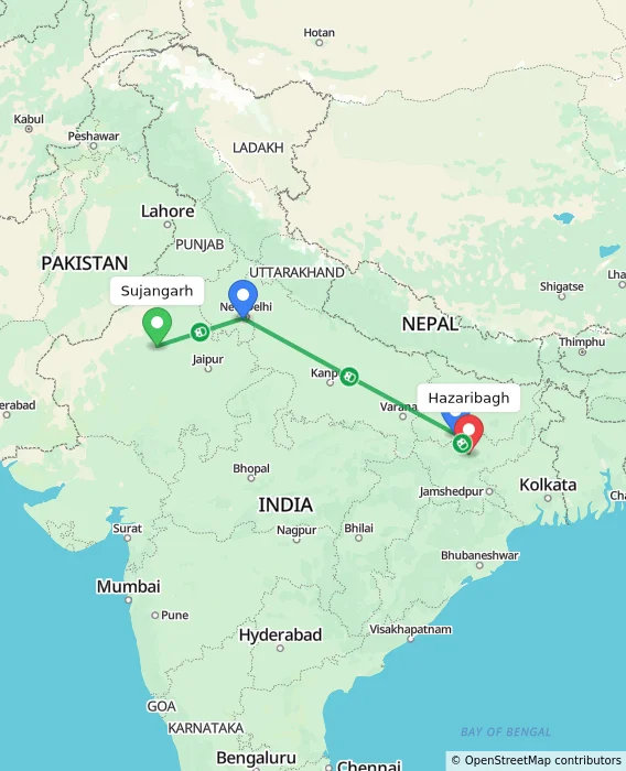 Route map showing distance and travel time from Sujangarh, India to Hazaribagh, India