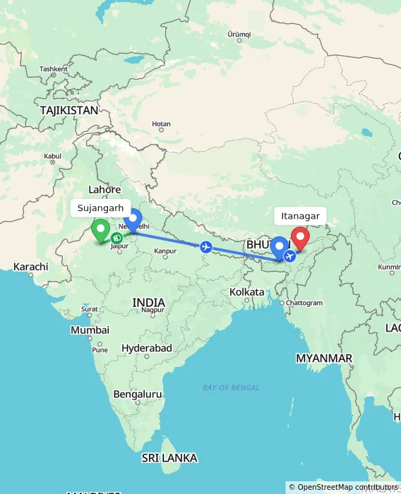 Route map showing distance and travel time from Sujangarh, India to Itanagar, India