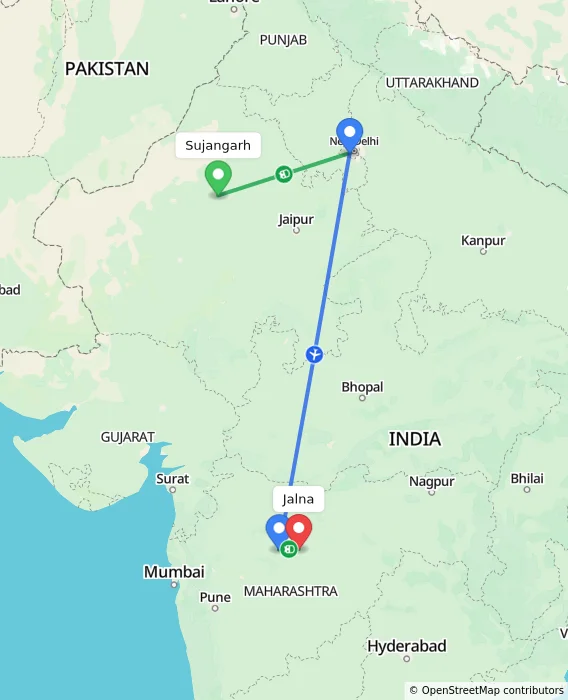 Route map showing distance and travel time from Sujangarh, India to Jalna, India