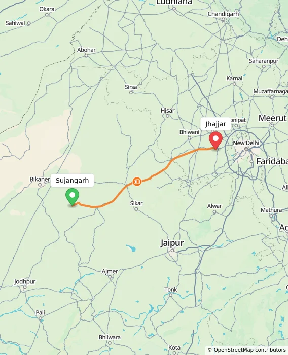 Route map showing distance and travel time from Sujangarh, India to Jhajjar, India