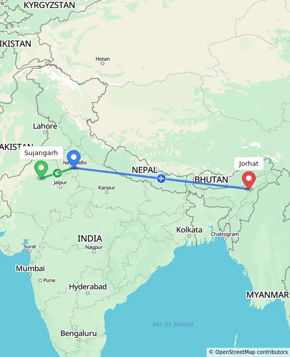 Route map showing distance and travel time from Sujangarh, India to Jorhat, India