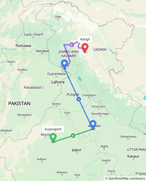 Route map showing distance and travel time from Sujangarh, India to Kargil, India