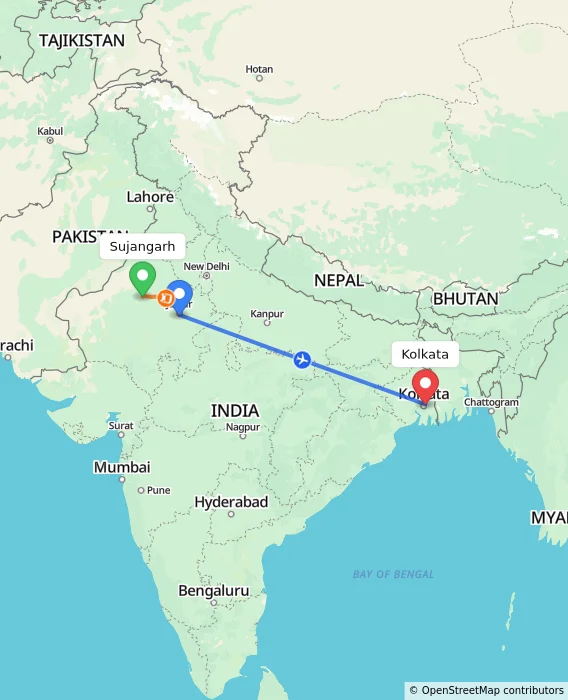 Route map showing distance and travel time from Sujangarh, India to Kolkata, India