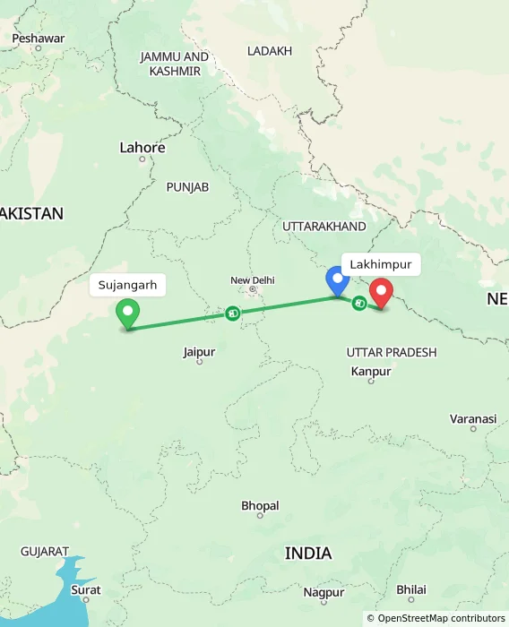 Route map showing distance and travel time from Sujangarh, India to Lakhimpur, India