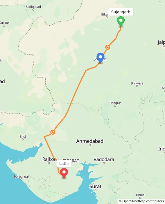 Route map showing distance and travel time from Sujangarh, India to Lathi, India