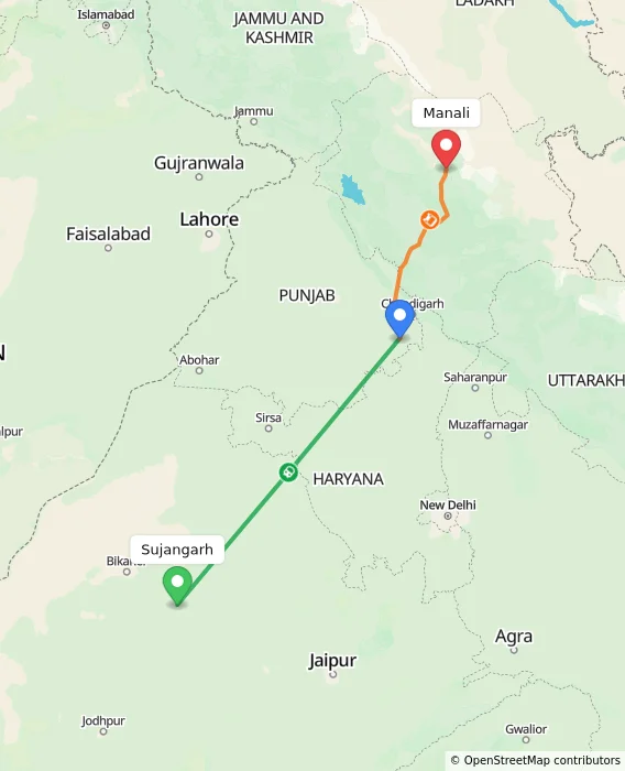 Route map showing distance and travel time from Sujangarh, India to Manali, India