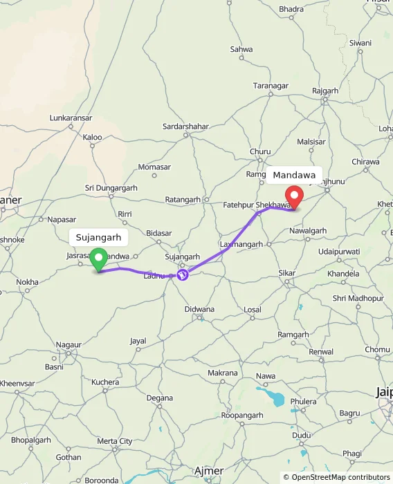 Route map showing distance and travel time from Sujangarh, India to Mandawa, India