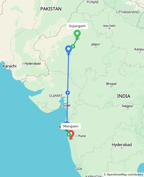 Route map showing distance and travel time from Sujangarh, India to Mangaon, India