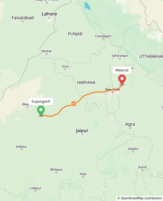 Route map showing distance and travel time from Sujangarh, India to Meerut, India