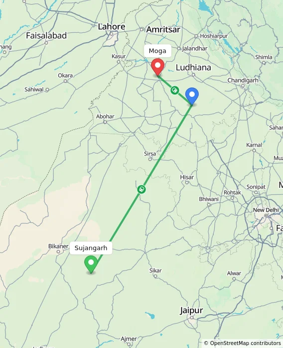 Route map showing distance and travel time from Sujangarh, India to Moga, India