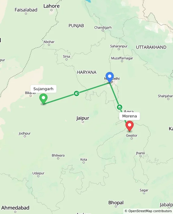 Route map showing distance and travel time from Sujangarh, India to Morena, India