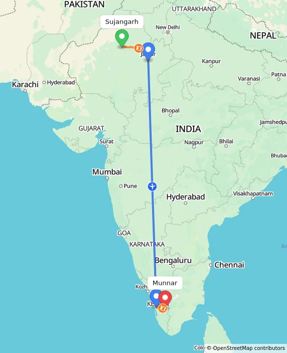 Route map showing distance and travel time from Sujangarh, India to Munnar, India