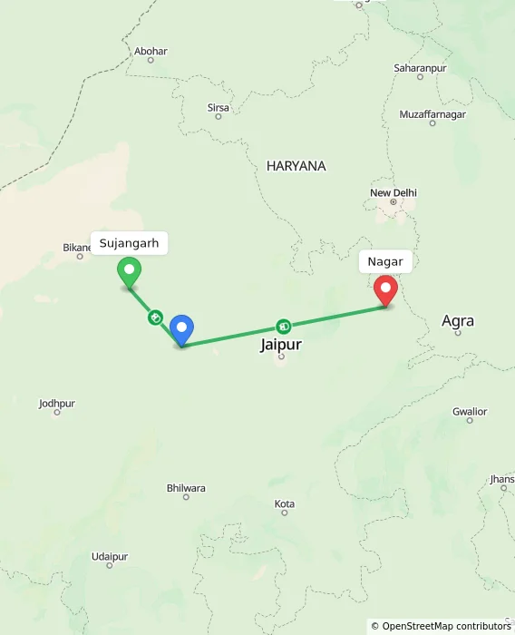 Route map showing distance and travel time from Sujangarh, India to Nagar, India