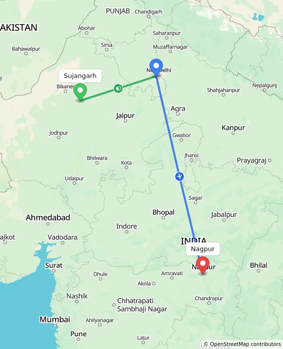 Route map showing distance and travel time from Sujangarh, India to Nagpur, India