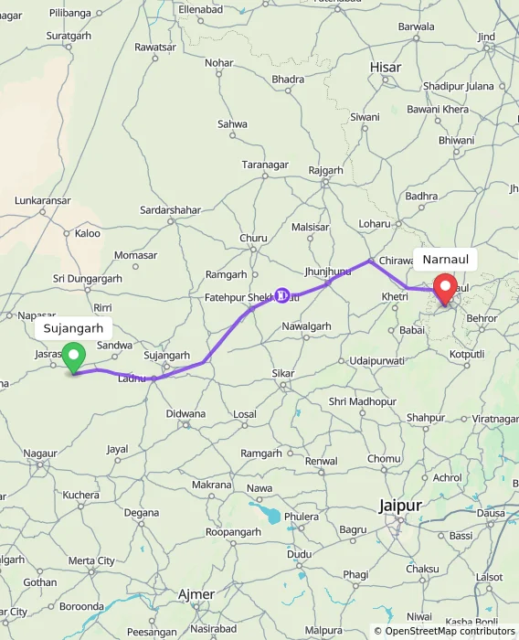 Route map showing distance and travel time from Sujangarh, India to Narnaul, India