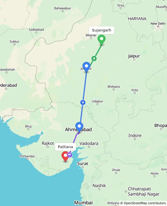 Route map showing distance and travel time from Sujangarh, India to Palitana, India