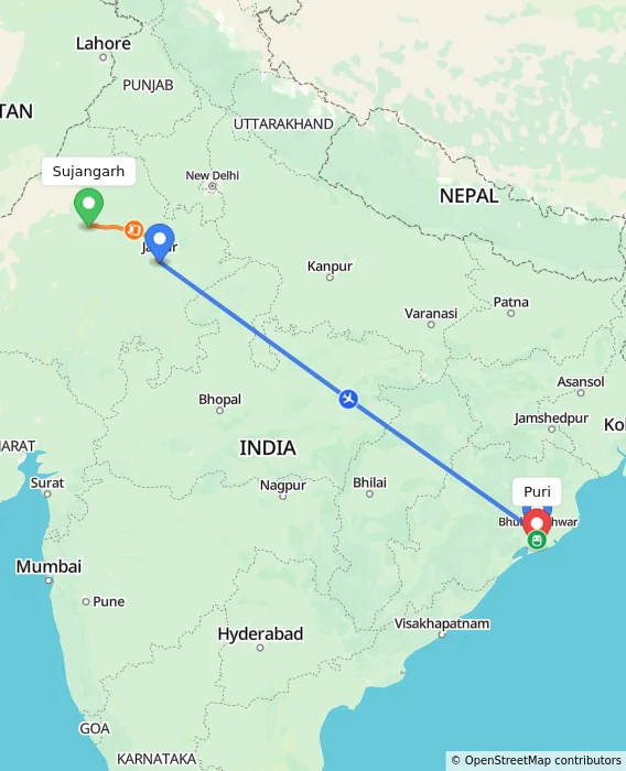 Route map showing distance and travel time from Sujangarh, India to Puri, India