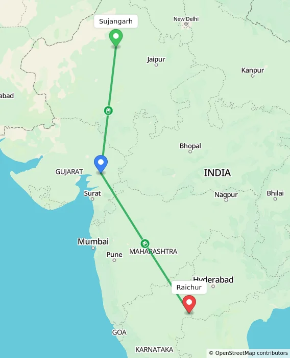 Route map showing distance and travel time from Sujangarh, India to Raichur, India