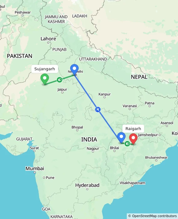 Route map showing distance and travel time from Sujangarh, India to Raigarh, India