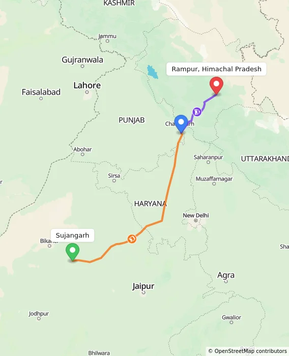 Route map showing distance and travel time from Sujangarh, India to Rampur, Himachal Pradesh, India