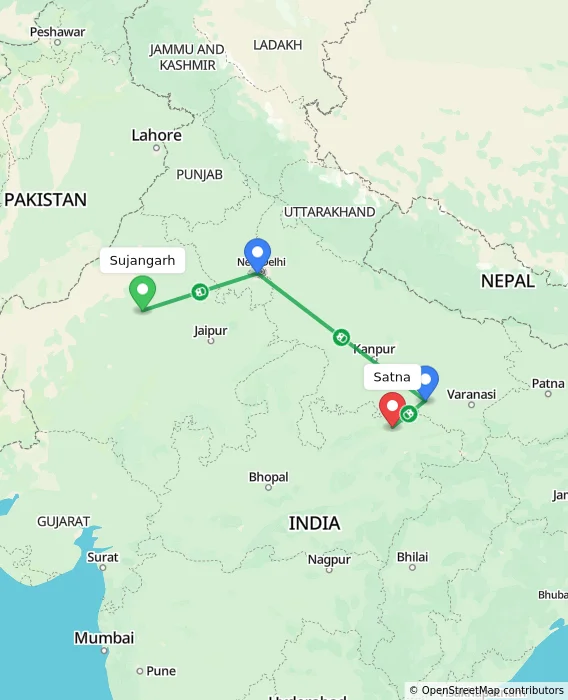 Route map showing distance and travel time from Sujangarh, India to Satna, India