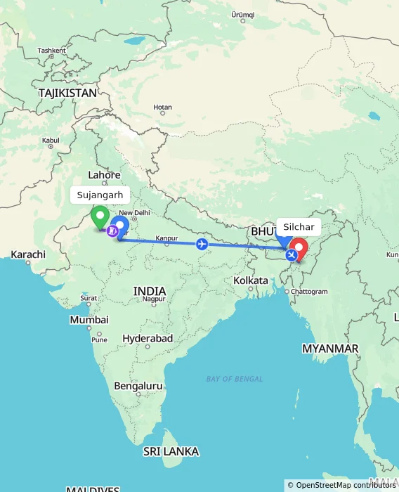 Route map showing distance and travel time from Sujangarh, India to Silchar, India