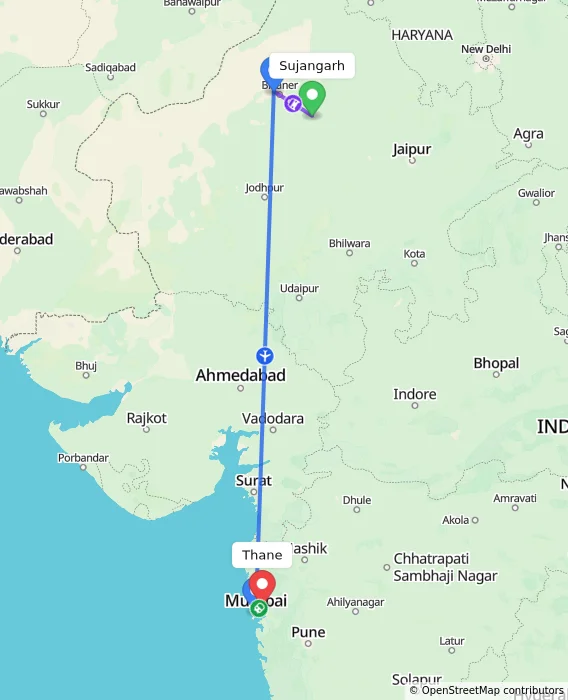 Route map showing distance and travel time from Sujangarh, India to Thane, India