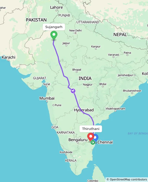 Route map showing distance and travel time from Sujangarh, India to Thiruthani, India