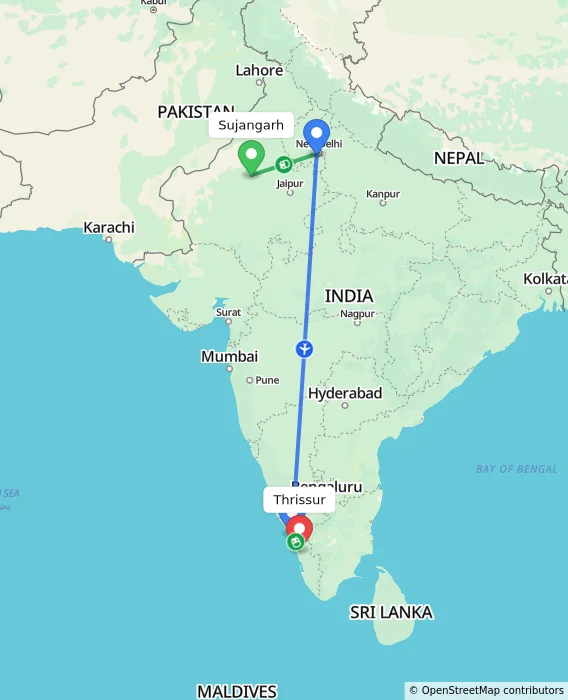 Route map showing distance and travel time from Sujangarh, India to Thrissur, India