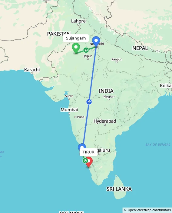 Route map showing distance and travel time from Sujangarh, India to TIRUR, India