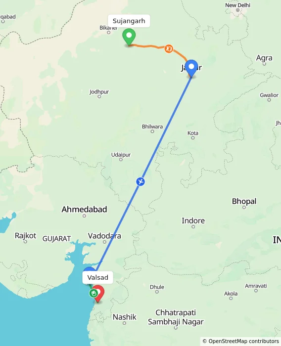 Route map showing distance and travel time from Sujangarh, India to Valsad, India